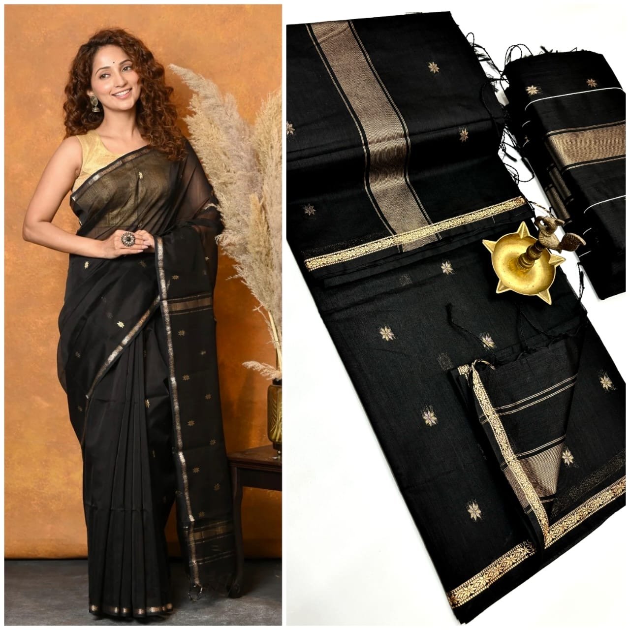 Elegance Self saree black color Maheshwari silk cotton saree