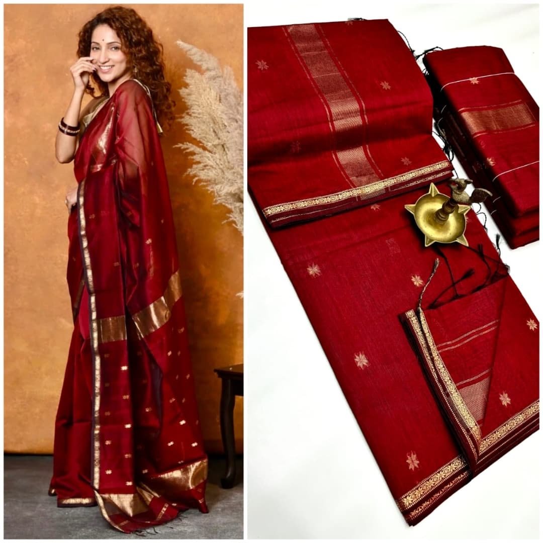 Elegance Self saree red color Maheshwari silk cotton saree