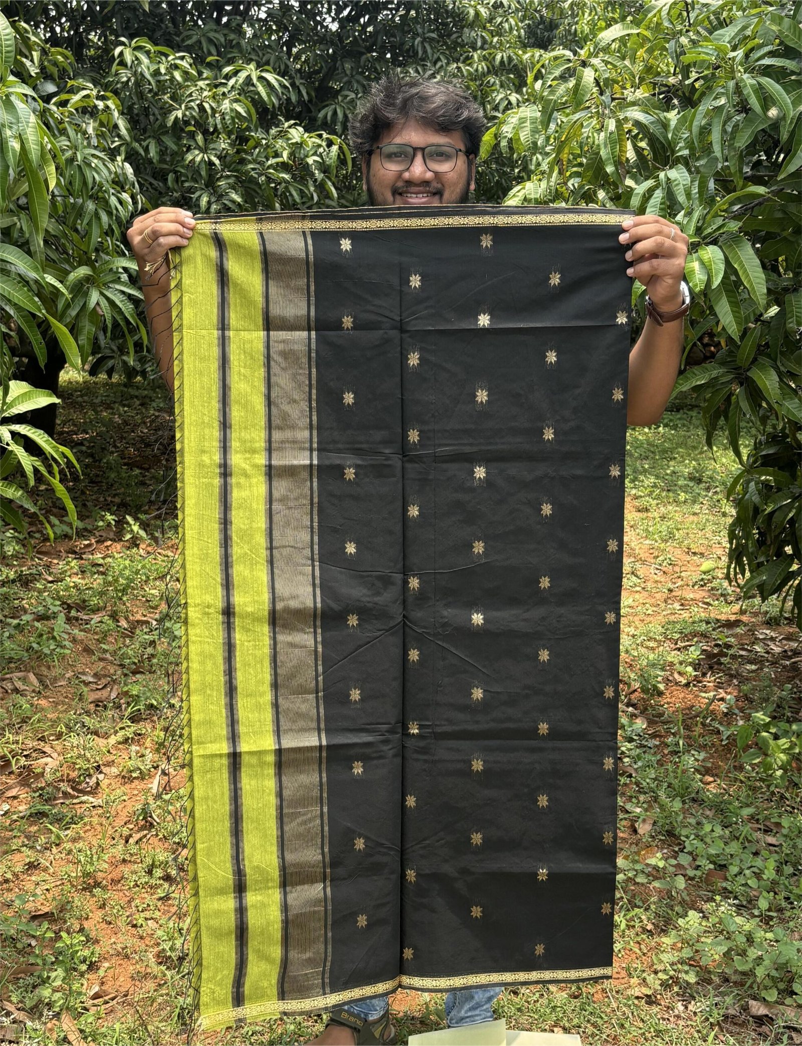 Peridot yellow Maheshwari pallu cotton saree