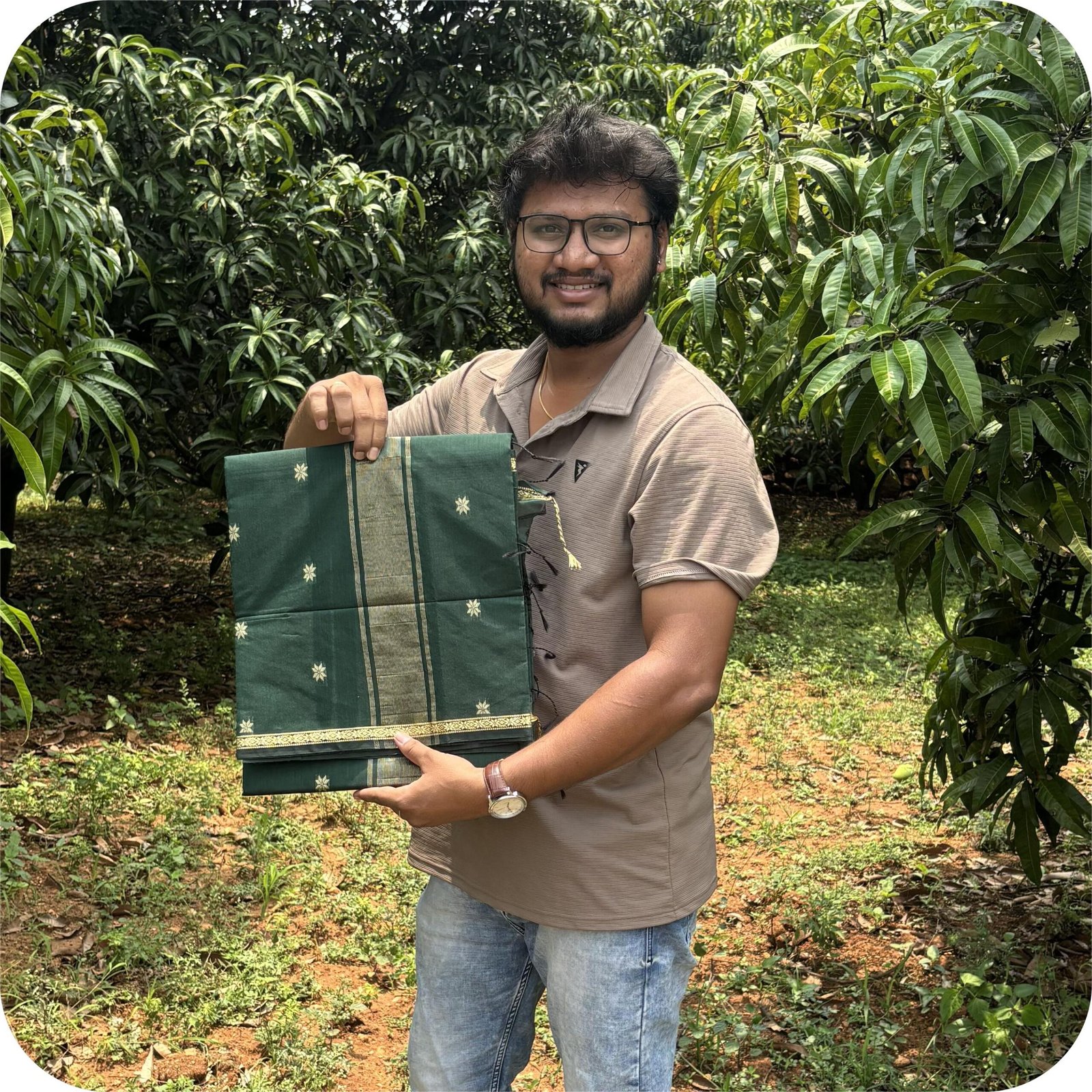 Maheshwari Bottle green no contrast saree