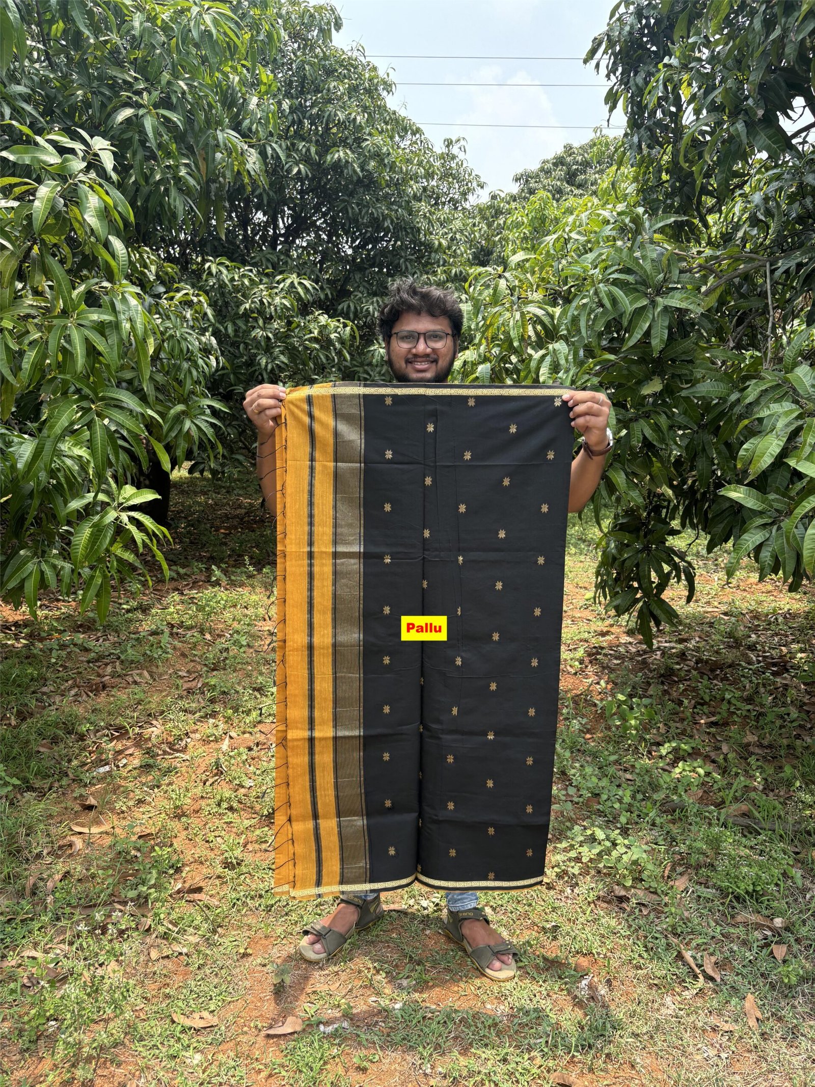 Dark yellow with black maheshwari Pallu