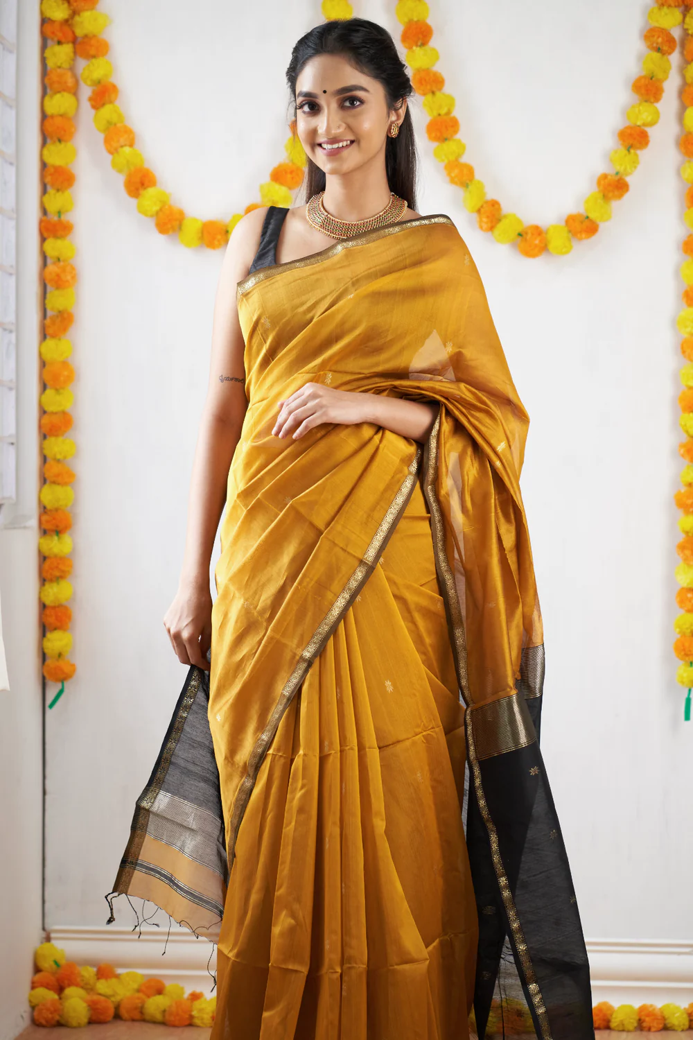 Mustard Black saree