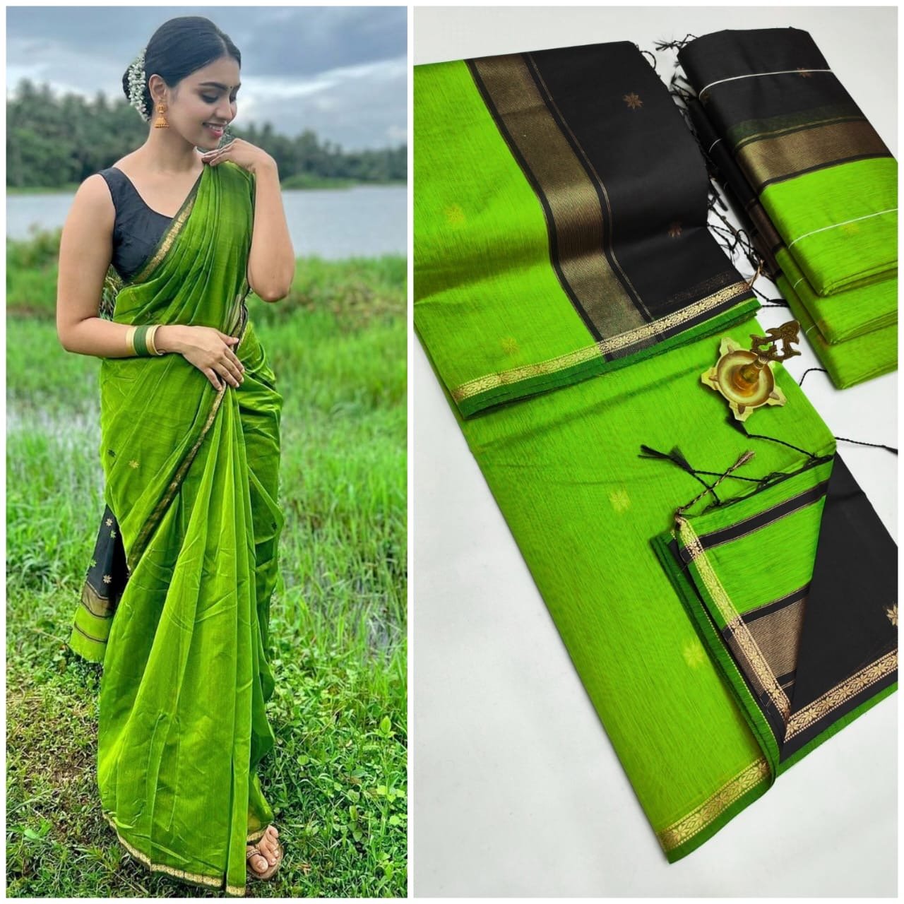 Elegance parrot green color Maheshwari silk cotton saree