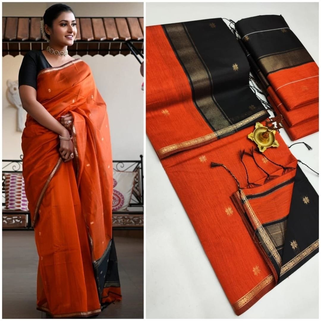 Elegance Brick orange with black color Maheshwari silk cotton saree