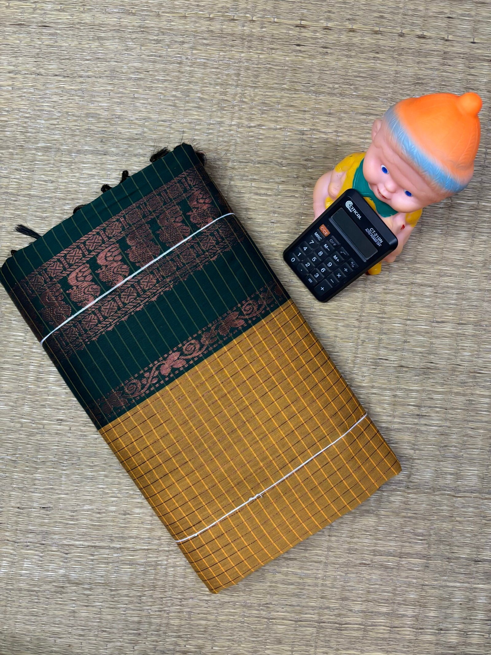 Checked Kalyani cotton - Mustard With BGreen - Image 2