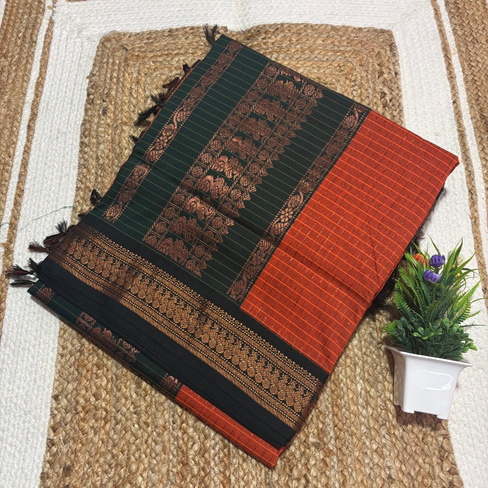 Checked Kalyani cotton - Orange With BGreen