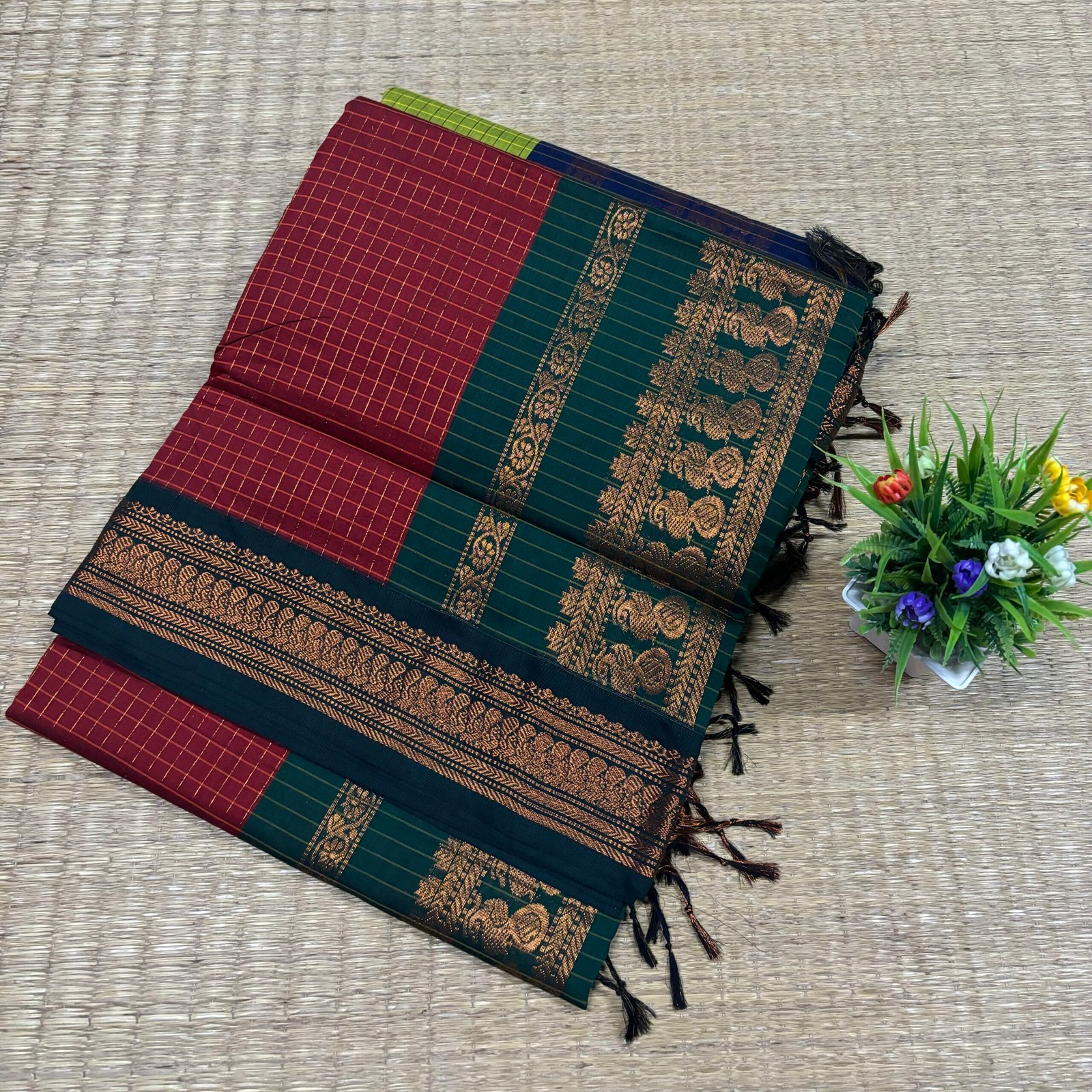 Checked Kalyani cotton - Red With BGreen