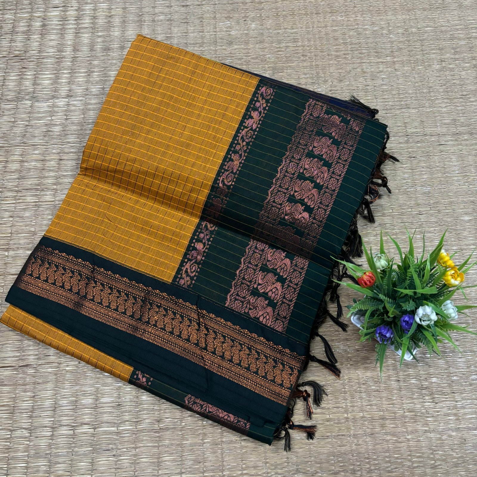 Checked Kalyani cotton - Mustard With BGreen