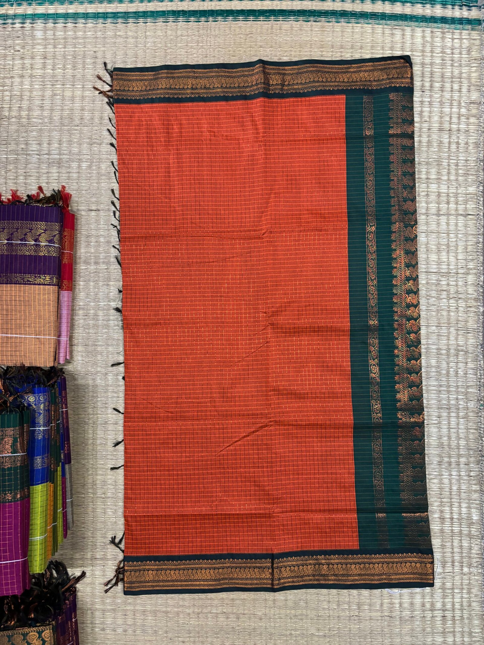 Checked Kalyani cotton - Orange With BGreen - Image 2