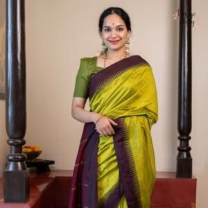 Temple border woven cotton saree - Lemon green with maroon