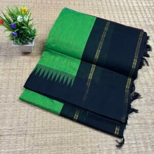 Temple border woven cotton saree - Parrot Green with Black