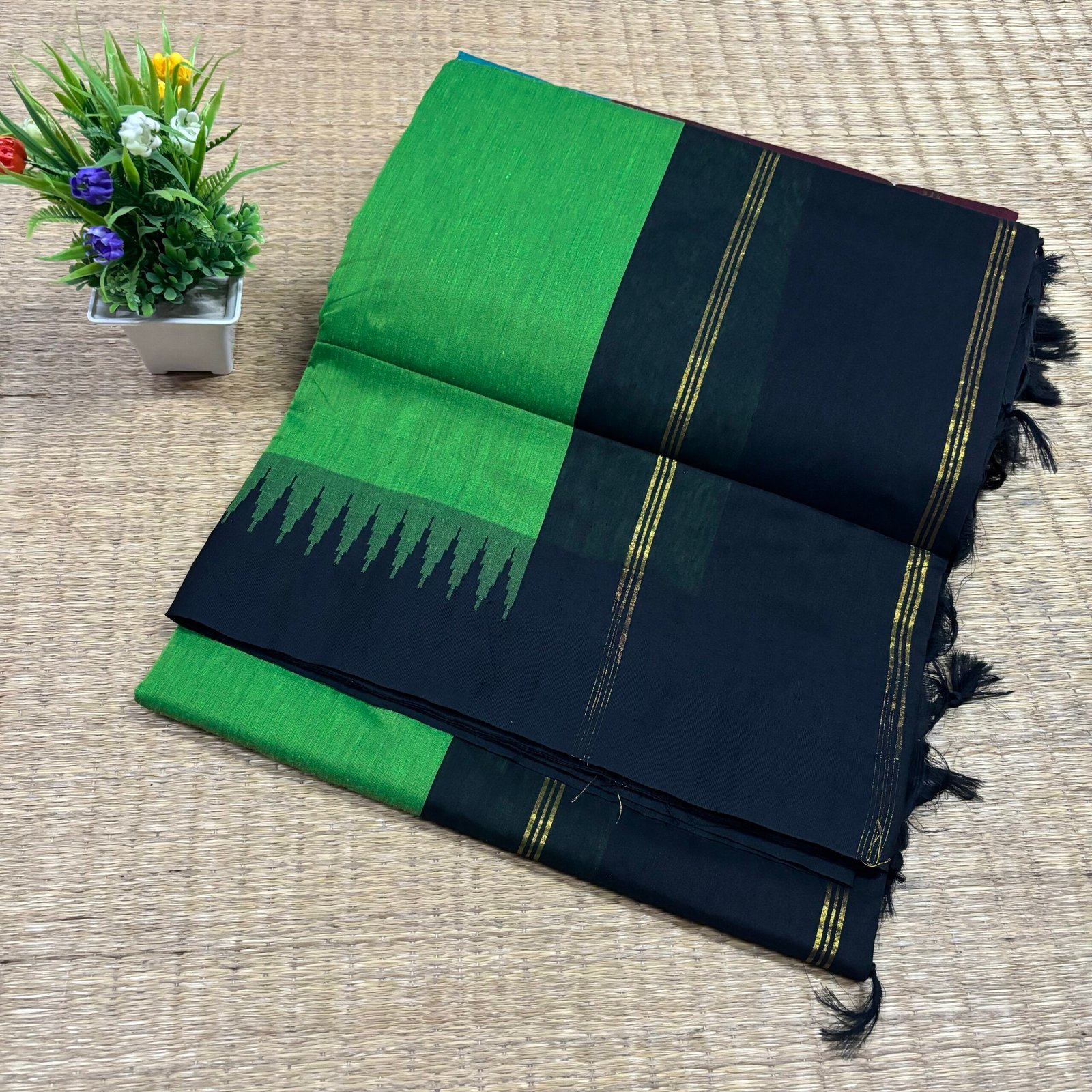 Temple border woven cotton saree - Parrot Green with Black