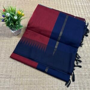 Temple border woven cotton saree - Red with Navy blue