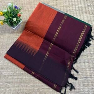 Temple border woven cotton saree - Orange with maroon