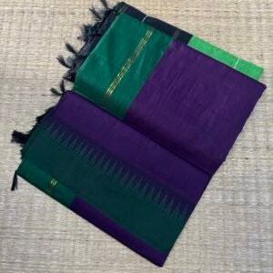 Temple border woven cotton saree - Dark Wine with Bottle green