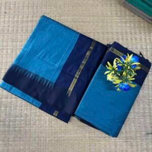Temple border woven cotton saree - Sky blue with Navy blue