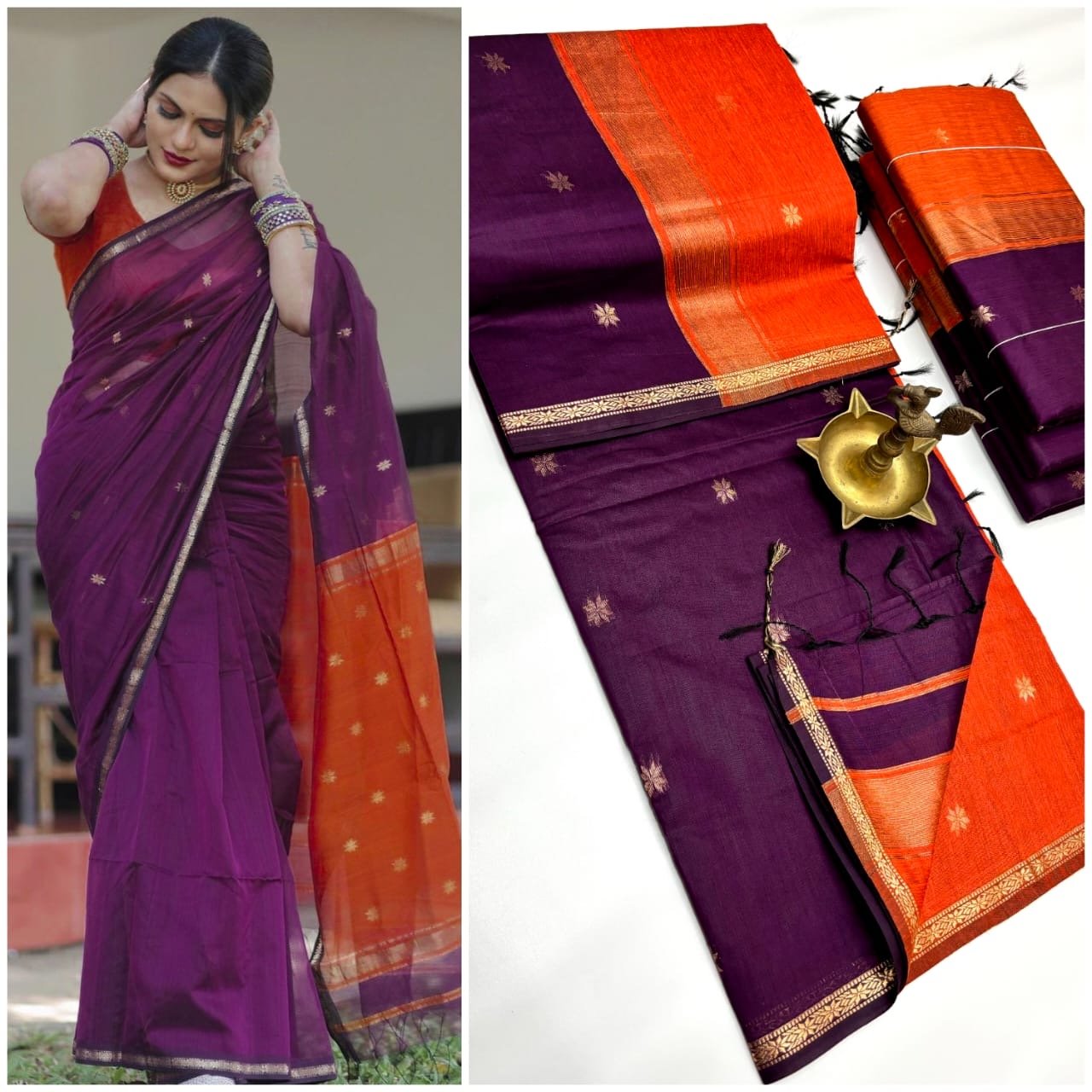 Elegance Dark wine with Orange color Maheshwari cotton saree