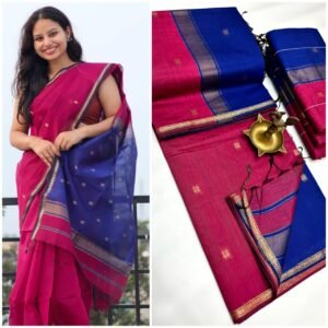 Elegance Rani pink with Royal blue Maheshwari cotton saree