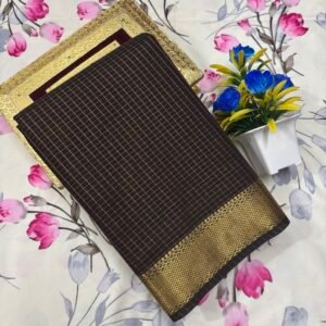 Checks Maheshwari cotton saree - Coffee brown