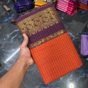 Checked Kalyani cotton - Orange with purple