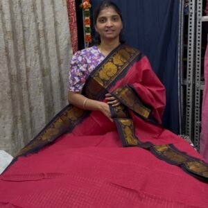 Gold zari kattam - Pink with navy blue