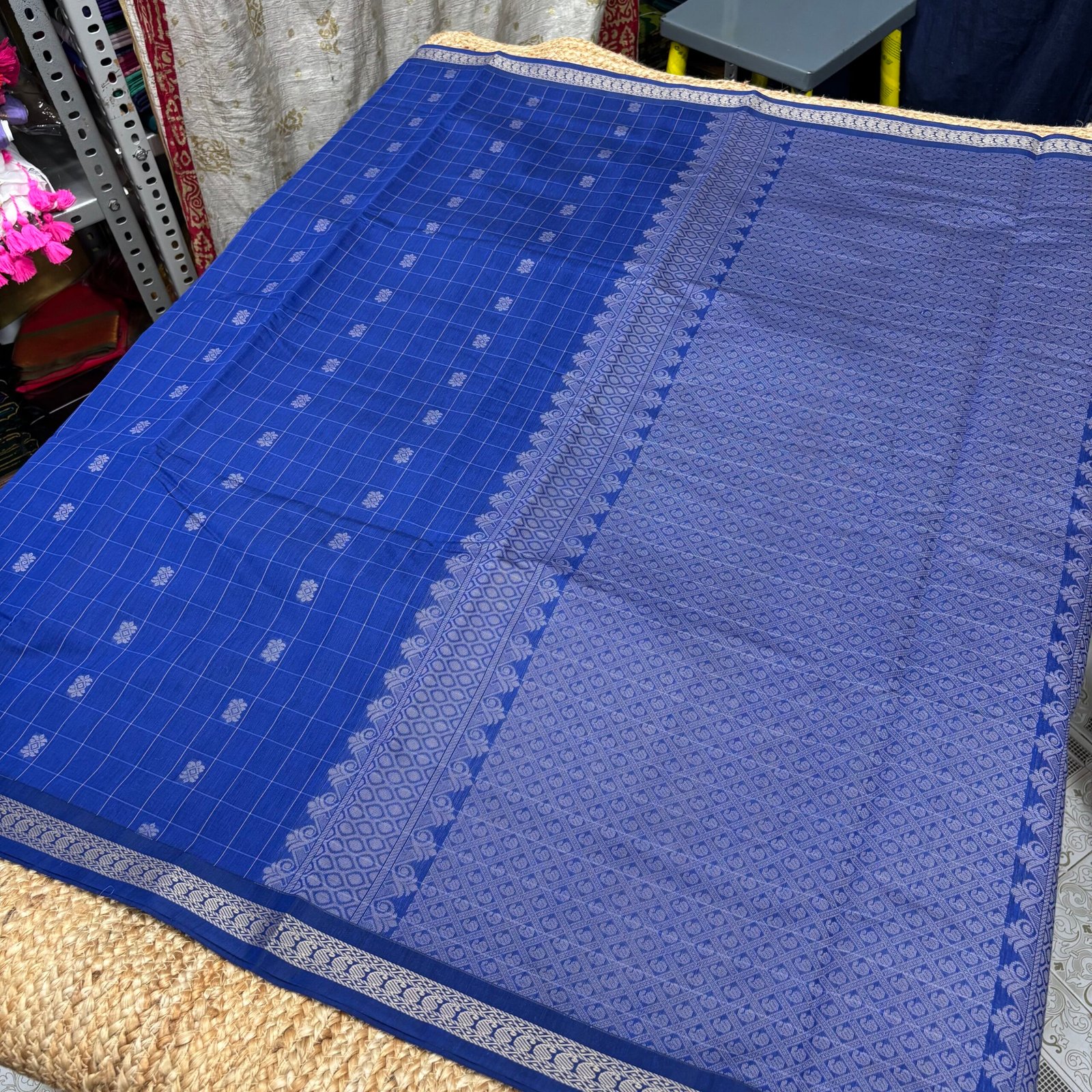 Kota checked cotton saree - Royal Blue